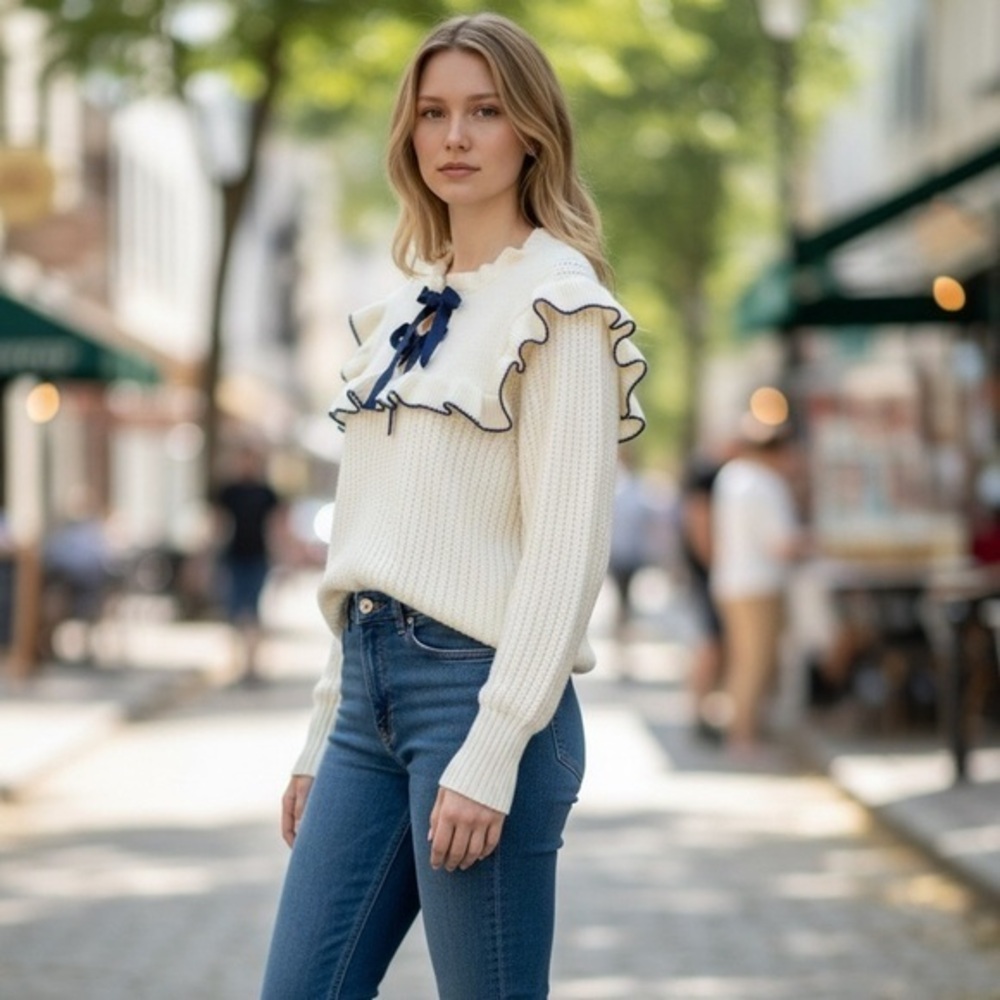 Aliceblue Cream Cable Sweater with Black Bow Detail in size Large